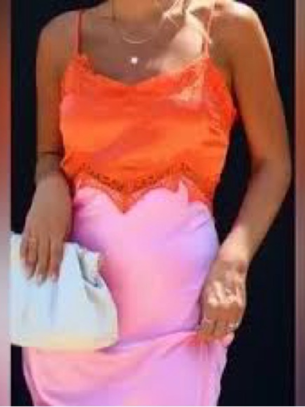 VICI Two-Tone Lace Trim Satin Slip Maxi Dress Orange Pink Sz S - Picture 3 of 5